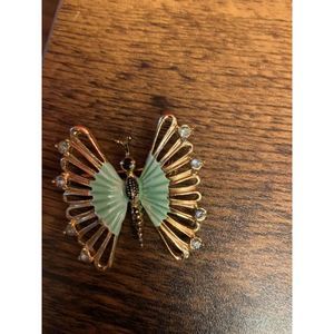 Green Enamel Gold Tone Butterfly Brooch Pin Rhinestone Accents Scarf EUC